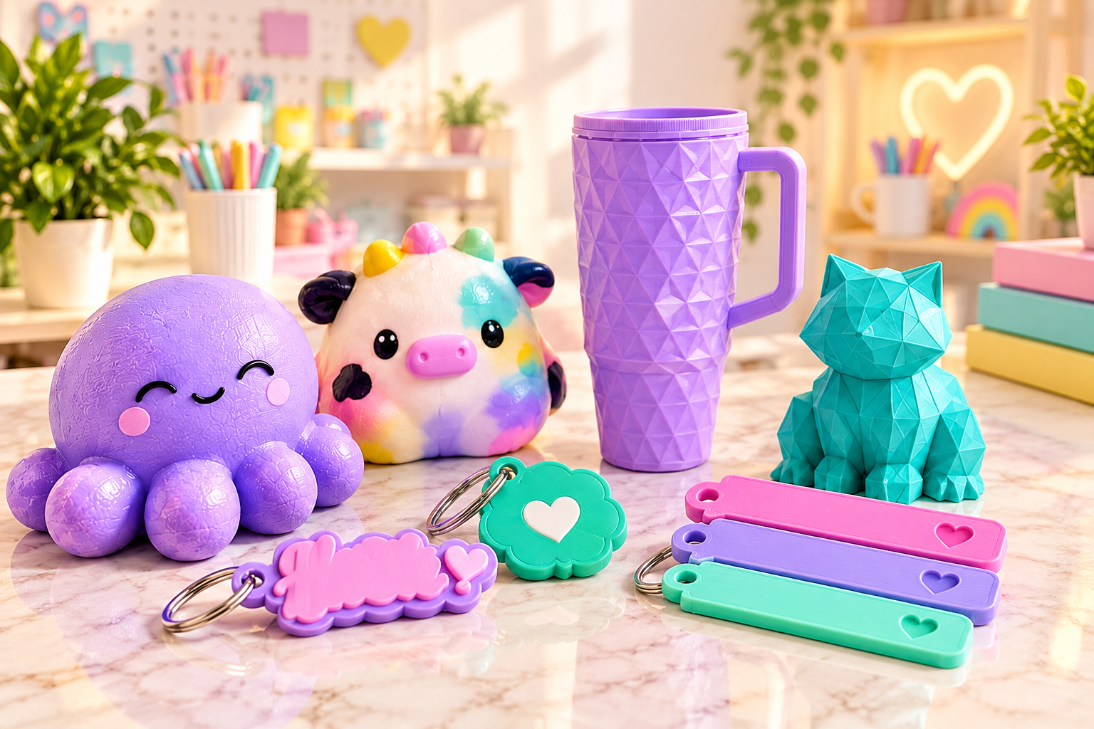 A colorful collection of a smiling octopus, cow squishy, custom tumbler, geometric cat, and personalized tags